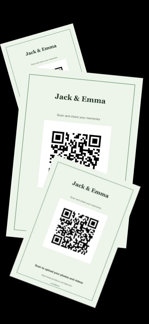 Three printed wedding QR signs inviting guests to scan and share their memories